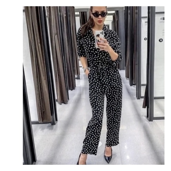 NWOT Zara Studio dot jumpsuit with front & back pockets matching belt XS - Picture 11 of 11